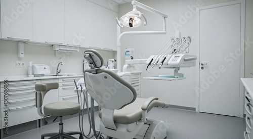 Modern dental office interior, in white and gray neutral colors, representing dentistry or dental clinic