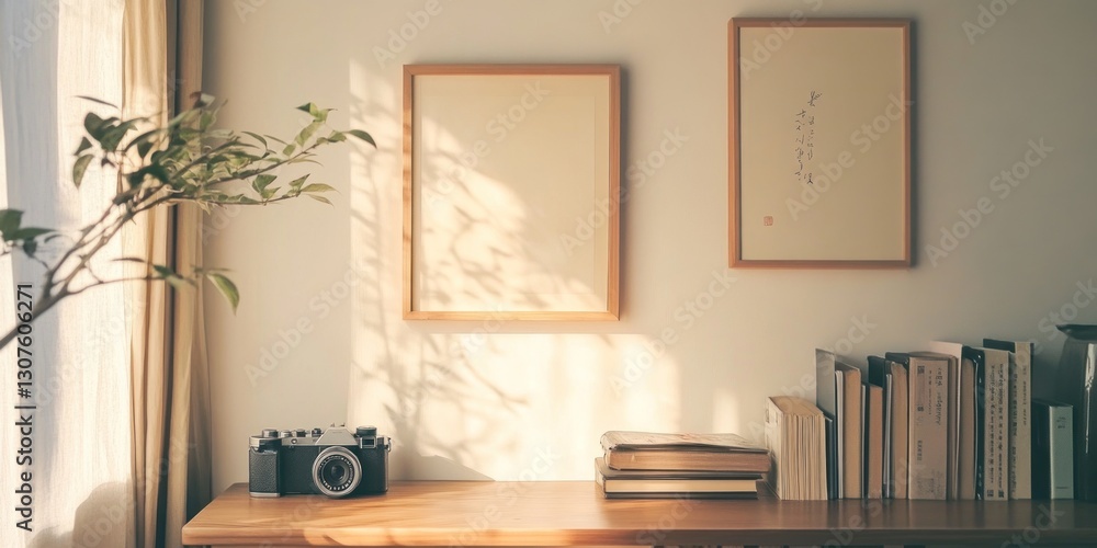 Sunlight streams into a cozy room with a vintage camera, plants, and books. Sunlight streams into a cozy room with a vintage camera, plants, and books.