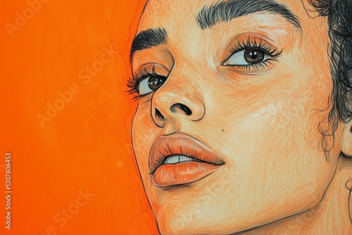 Artistic Portrait of a Woman With Vibrant Orange Background and Expressive Fe...