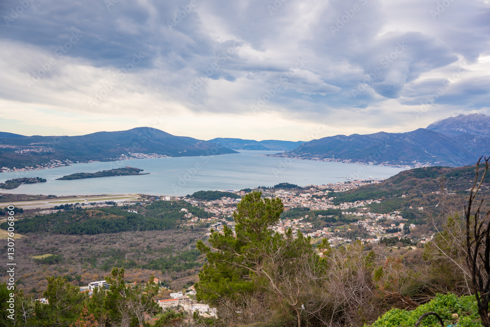 Panoramic view of Tivat from view point near Bay of Kotor in Montenegro in winter time Panoramic view of Tivat from view point near Bay of Kotor in Montenegro in winter time