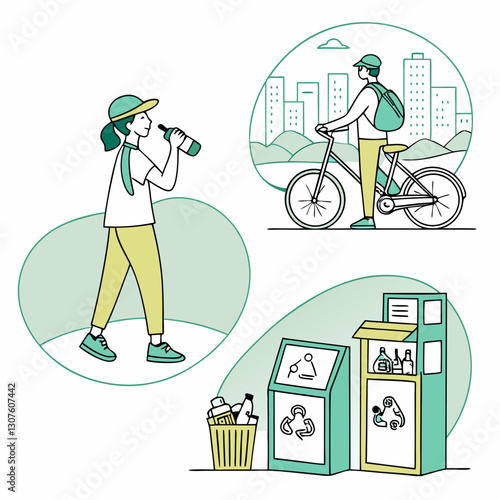 Sustainable City Lifestyle Vector – Eco-Friendly Habits and Green Living

