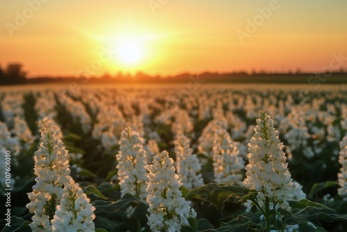 Beautiful Sunset Over a Field of Blooming White Flowers in Rural Landscape
