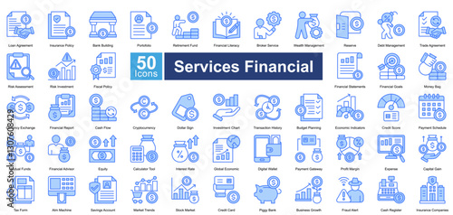 Services Financial icon set in blue color style, featuring 50 icons of banking, investment, insurance, and financial planning. Perfect for fintech, business reports, and economic analysis.
