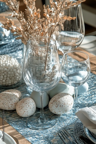 Elegant Table Setting With Decorative Elements and Unique Glassware in a Styl...