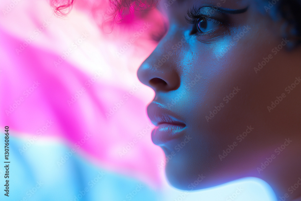 Trans Day Representation, Profile with Pink-Blue Lights, Dark Skin, Serene Expression, Symbolizing Identity and Empowerment Trans Day Representation, Profile with Pink-Blue Lights, Dark Skin, Serene Expression, Symbolizing Identity and Empowerment