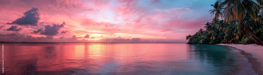 A serene tropical beach at sunset, featuring vibrant pink and purple skies, calm waters, and palm trees along the shore. A serene tropical beach at sunset, featuring vibrant pink and purple skies, calm waters, and palm trees along the shore.