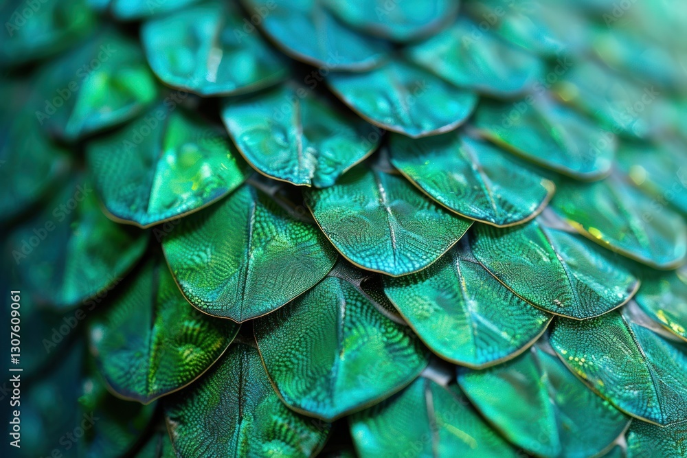 Obraz premium A close-up of emerald scales highlights their stunning detail and textures under soft light