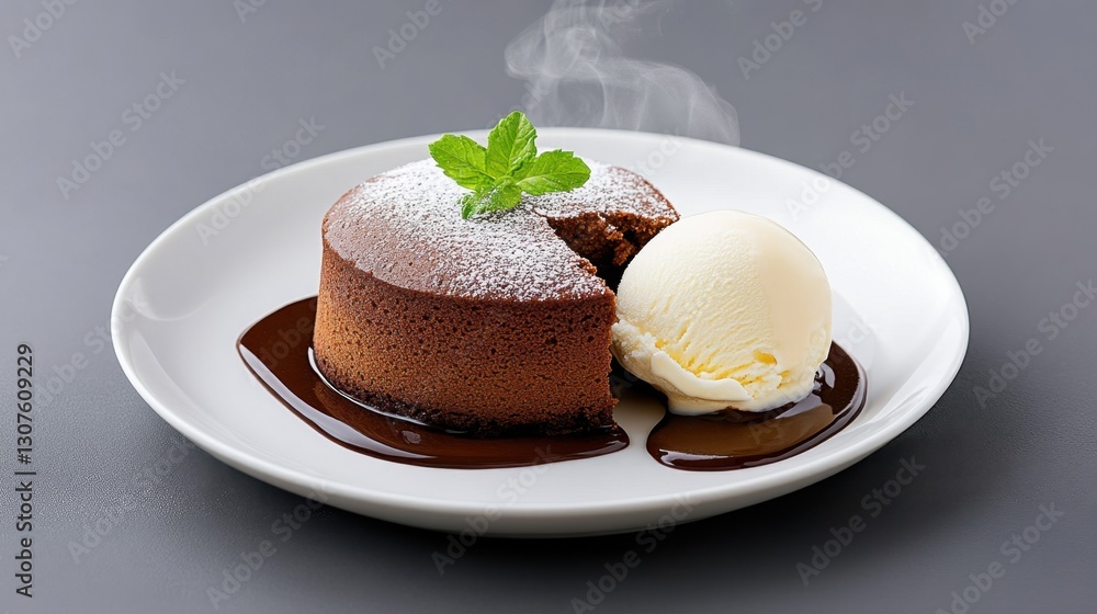 A dessert with chocolate and ice cream on a plate. The dessert is a chocolate cake with a scoop of ice cream on top A dessert with chocolate and ice cream on a plate. The dessert is a chocolate cake with a scoop of ice cream on top