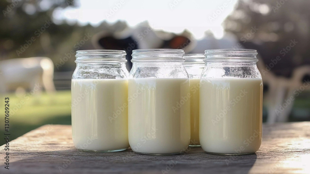 Freshly bottled milk in glass jars on a wooden table at a rural dairy farm during sunset Freshly bottled milk in glass jars on a wooden table at a rural dairy farm during sunset