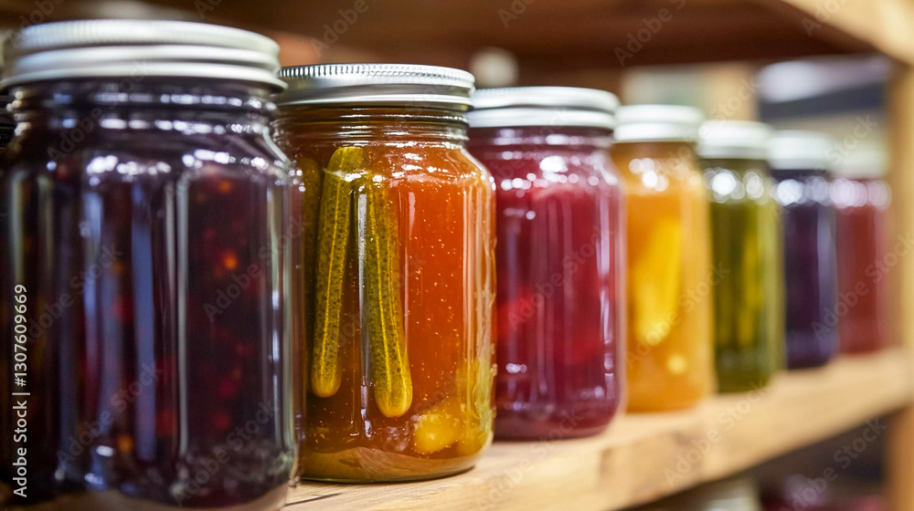 Colorful jars of homemade preserves and pickles displayed on wooden shelves in a cozy kitchen Colorful jars of homemade preserves and pickles displayed on wooden shelves in a cozy kitchen