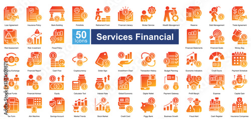 Services Financial icon set in glyph gradient style, featuring 50 icons of banking, investment, insurance, and financial planning. Perfect for fintech, business reports, and economic analysis.