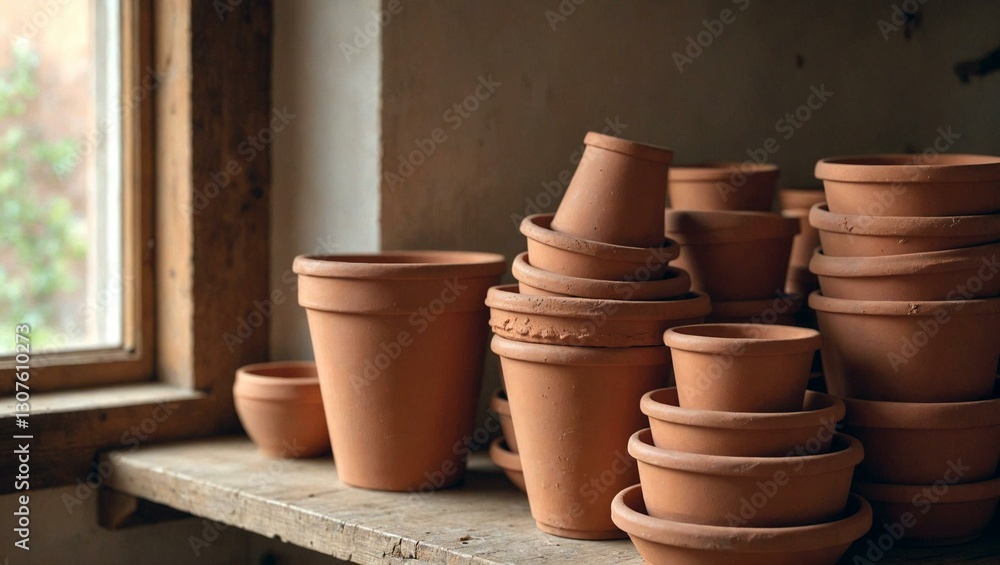 Terracotta Potted Plants on Wooden Shelf Near Window Terracotta Potted Plants on Wooden Shelf Near Window
