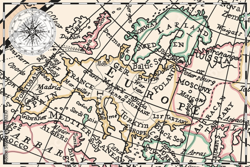 An old historical vintage map of the European part of Eurasia the names of continents, islands and oceans, and the routes of navigators.