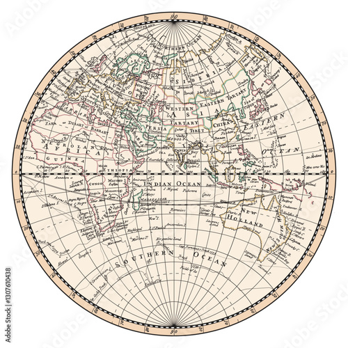 An old historical vintage map of the eastern hemisphere of the planet Earth with the names of continents, islands and oceans, and the routes of navigators.