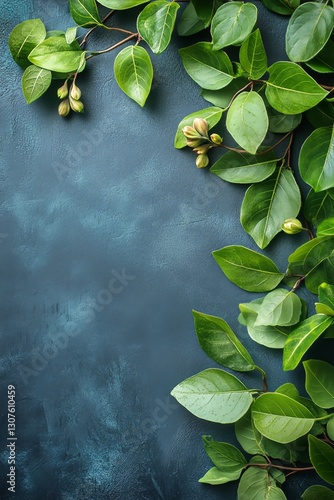 Green Foliage With Buds Arranged Against a Dark Blue Background in a Natural ...