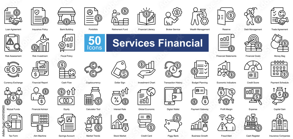 Services Financial icon set in line style, featuring 50 icons of banking, investment, insurance, and financial planning. Perfect for fintech, business reports, and economic analysis. Services Financial icon set in line style, featuring 50 icons of banking, investment, insurance, and financial planning. Perfect for fintech, business reports, and economic analysis.