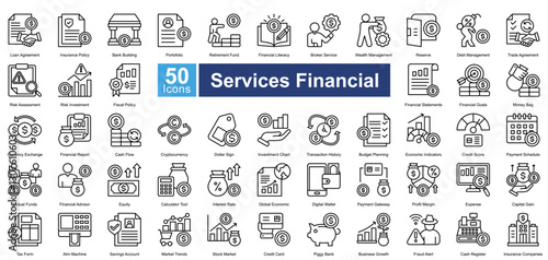 Services Financial icon set in line style, featuring 50 icons of banking, investment, insurance, and financial planning. Perfect for fintech, business reports, and economic analysis.