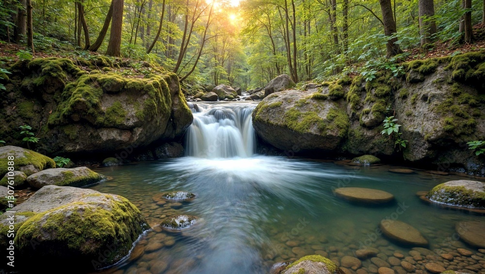 Fototapeta premium Tranquil Waterfall in Lush Forest