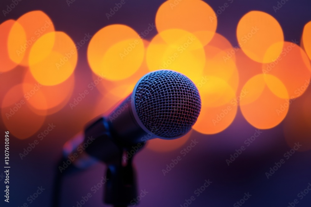 Obraz premium Microphone on Stage with Bokeh Lights