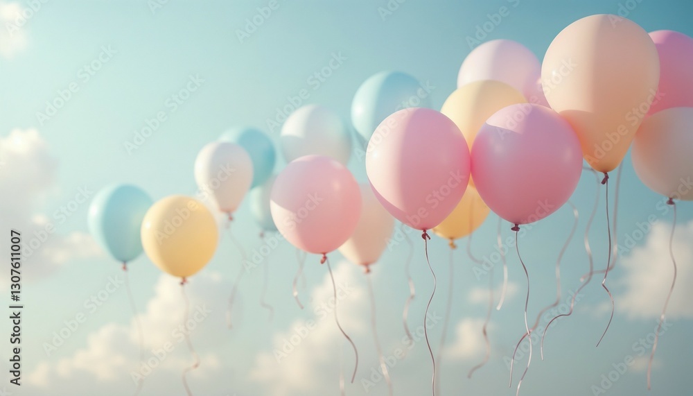 Colorful balloons floating in the sky against a backdrop of soft clouds Colorful balloons floating in the sky against a backdrop of soft clouds