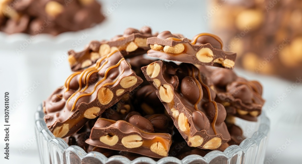 Chocolate bar with peanuts and caramel in glass bowl Chocolate bar with peanuts and caramel in glass bowl