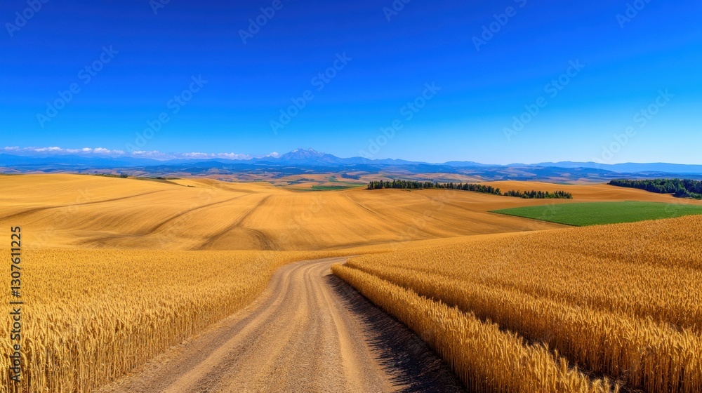 Aerial view of an expansive wheat field with geometric patterns from tractor tracks, creating a balanced space Aerial view of an expansive wheat field with geometric patterns from tractor tracks, creating a balanced space