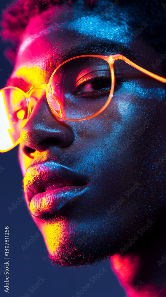 A close-up portrait of a young man with abstract neon face paint, his expression bold and confident A close-up portrait of a young man with abstract neon face paint, his expression bold and confident