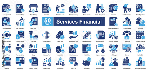 Services Financial icon set in two color style, featuring 50 icons of banking, investment, insurance, and financial planning. Perfect for fintech, business reports, and economic analysis.