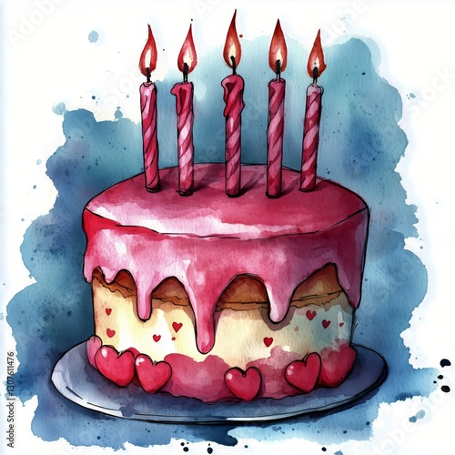 Colorful Birthday Cake With Candles and Decorative Hearts on a Plate