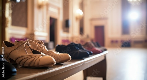 Collection of dance shoes arranged in ballroom with bright chandeliers
