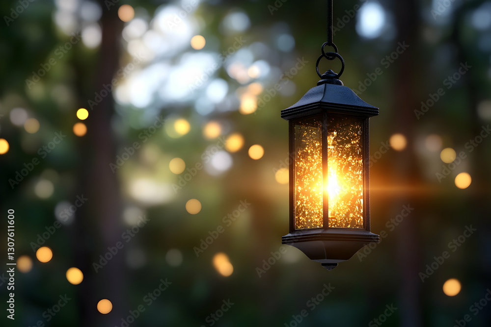 Illuminated lantern hanging in a forest at dusk; warm light creates a magical atmosphere, perfect for relaxation, spirituality, or fantasy themes Illuminated lantern hanging in a forest at dusk; warm light creates a magical atmosphere, perfect for relaxation, spirituality, or fantasy themes