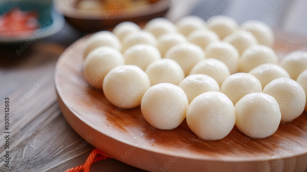 Wooden plate of mochi balls, kitchen setting Wooden plate of mochi balls, kitchen setting