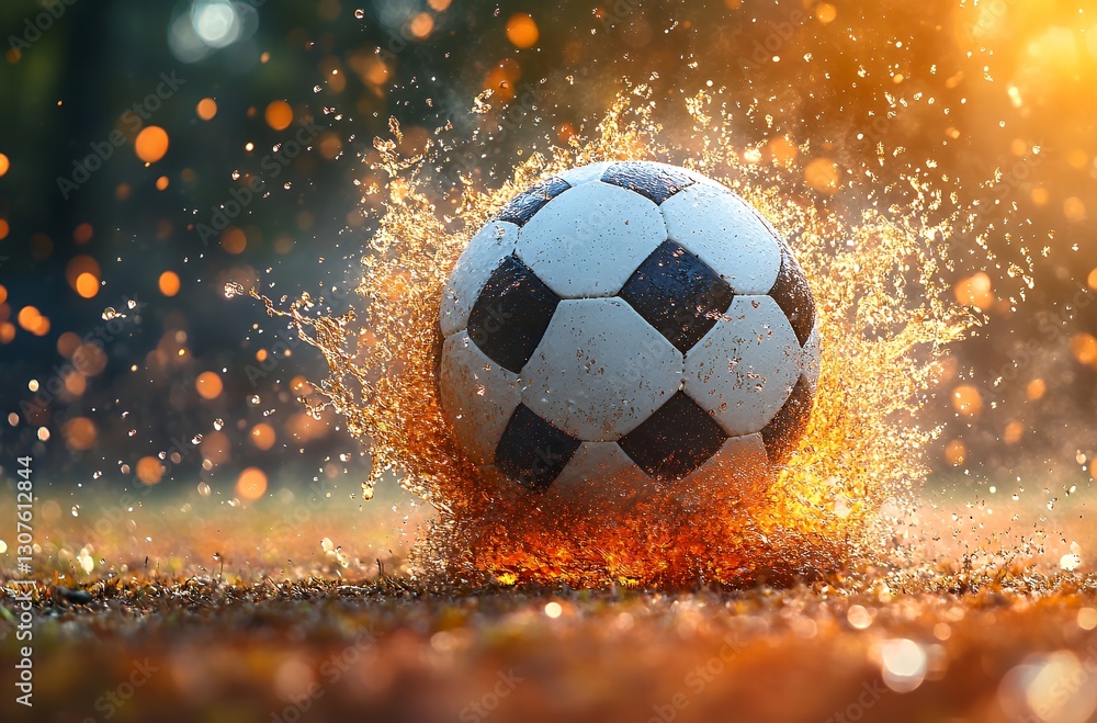 Naklejka premium Dynamic Soccer Ball Splashing Water in a Sunlit Outdoor Setting