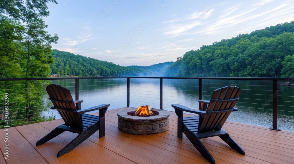 Lakeside wooden deck featuring a cozy fire pit, Adirondack chairs Lakeside wooden deck featuring a cozy fire pit, Adirondack chairs