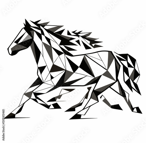 Low poly abstract horse illustration in black and white with sharp angular geometric forms, dynamic motion, vivid contrast, and minimalist polygonal digital art style for modern visual impact.
