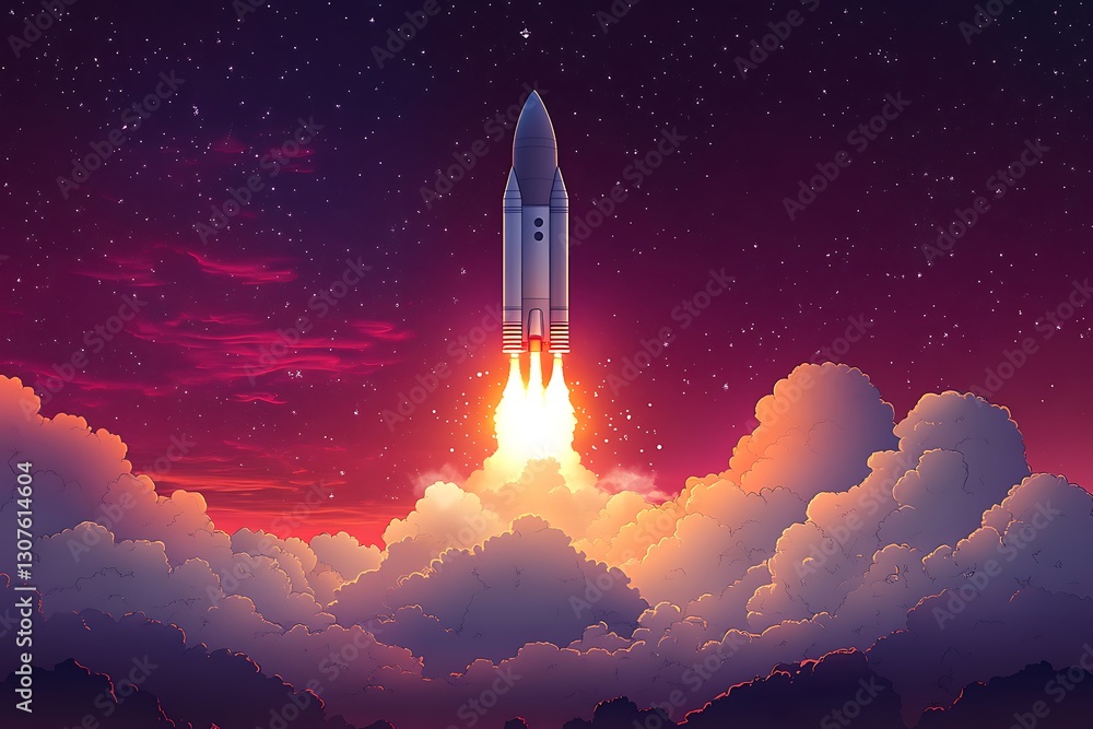 Obraz premium Rocket Launch at Sunset Spacecraft Ascending Through Dramatic Cloudscape