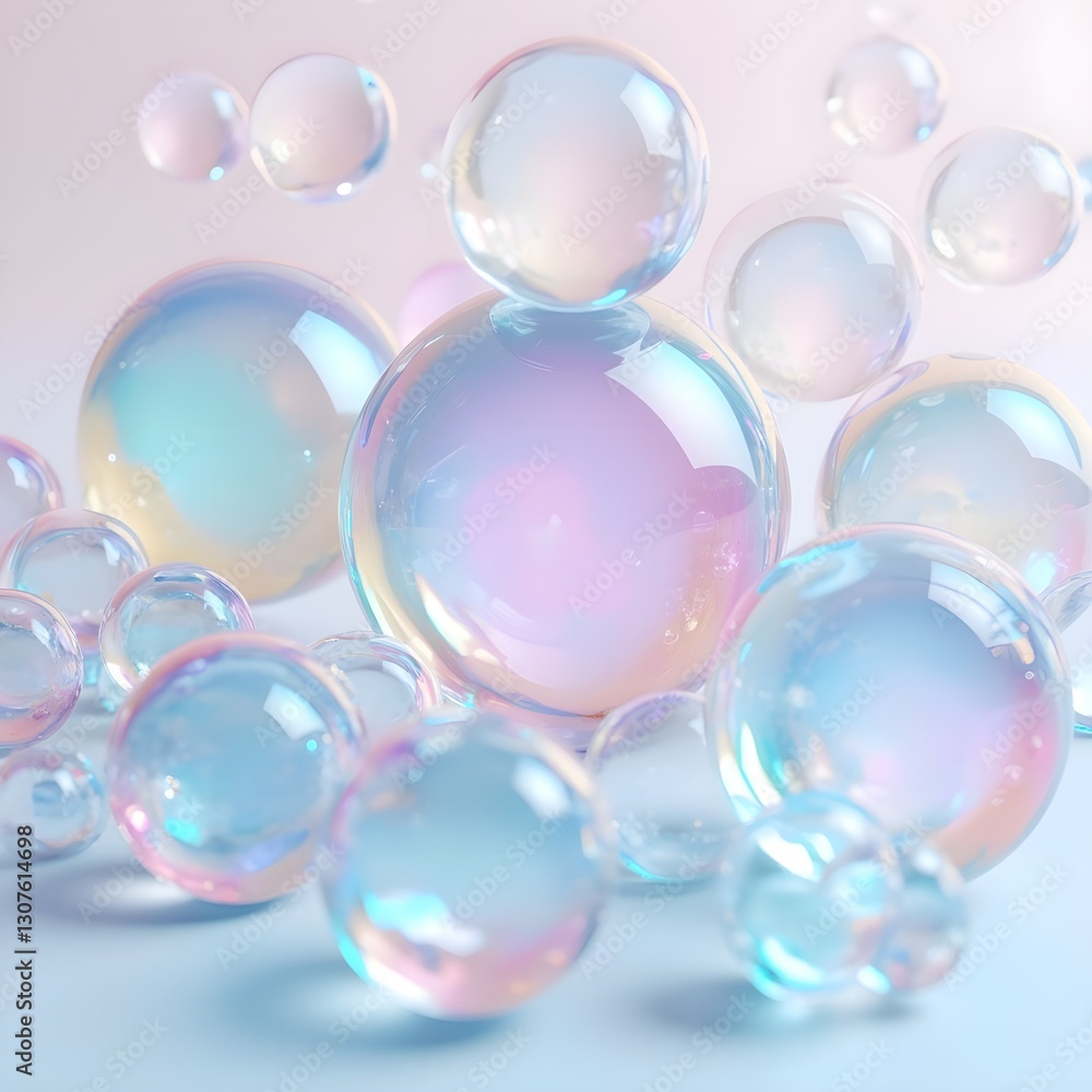 Iridescent Bubbles with Pastel Colors and Shimmering Droplets in Soft Lighting Iridescent Bubbles with Pastel Colors and Shimmering Droplets in Soft Lighting