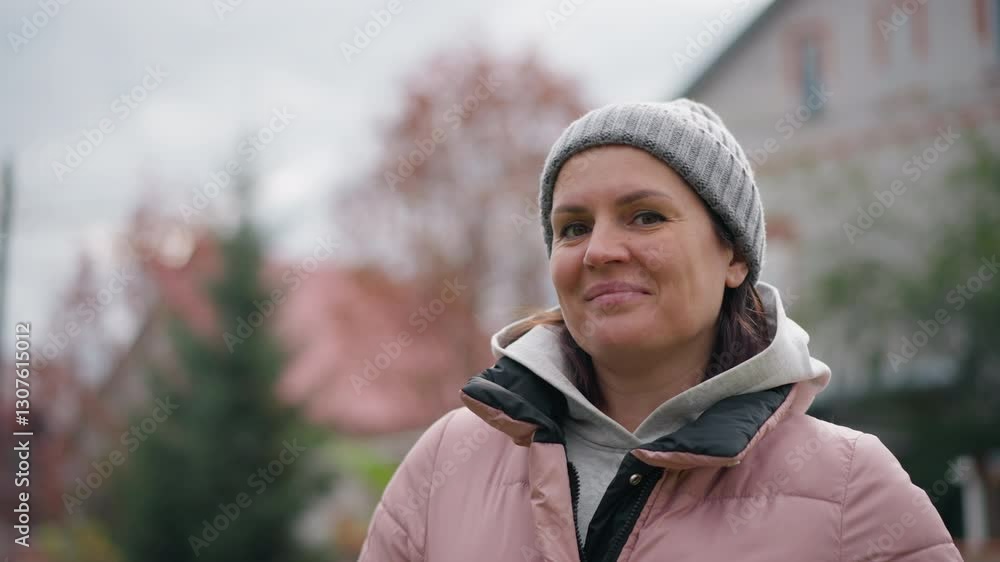 Confident woman in pink jacket and grey beanie with a playful smile, standing outdoors against blurred autumn foliage, house, and garden background Confident woman in pink jacket and grey beanie with a playful smile, standing outdoors against blurred autumn foliage, house, and garden background