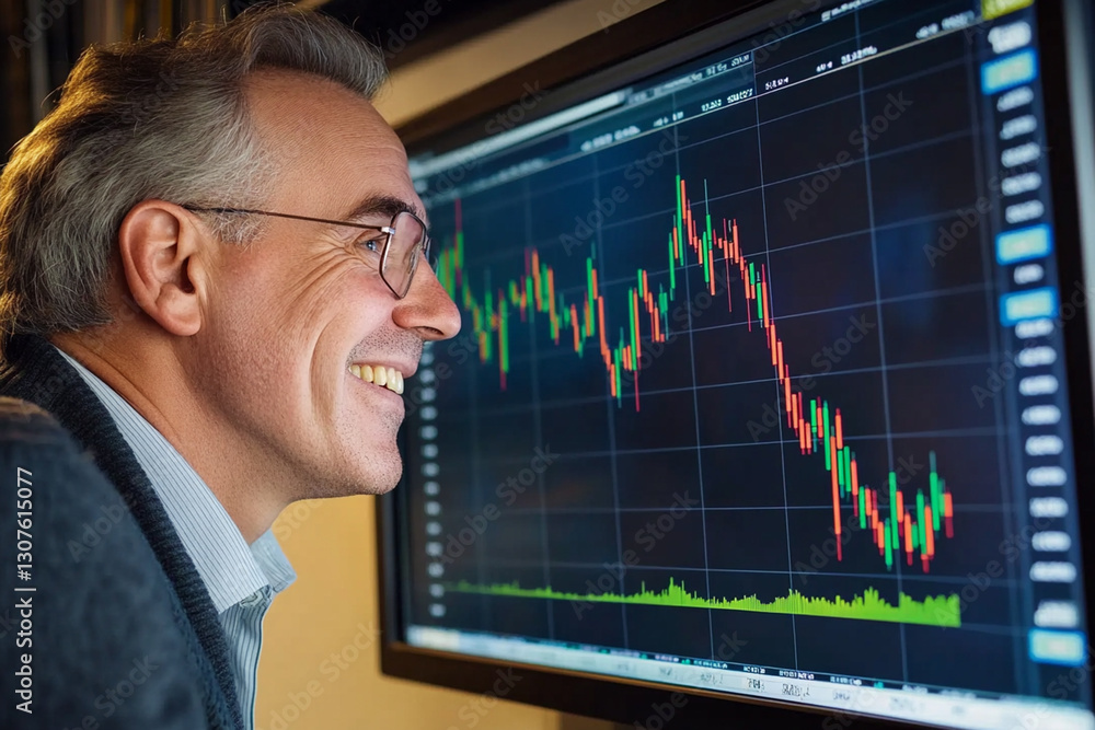 Businessman with a satisfied expression looks at the stock growth chart on the monitor Businessman with a satisfied expression looks at the stock growth chart on the monitor