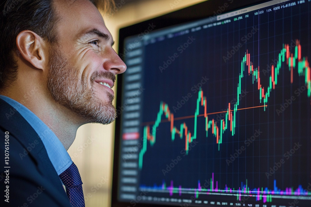Businessman with a satisfied expression looks at the stock growth chart on the monitor Businessman with a satisfied expression looks at the stock growth chart on the monitor