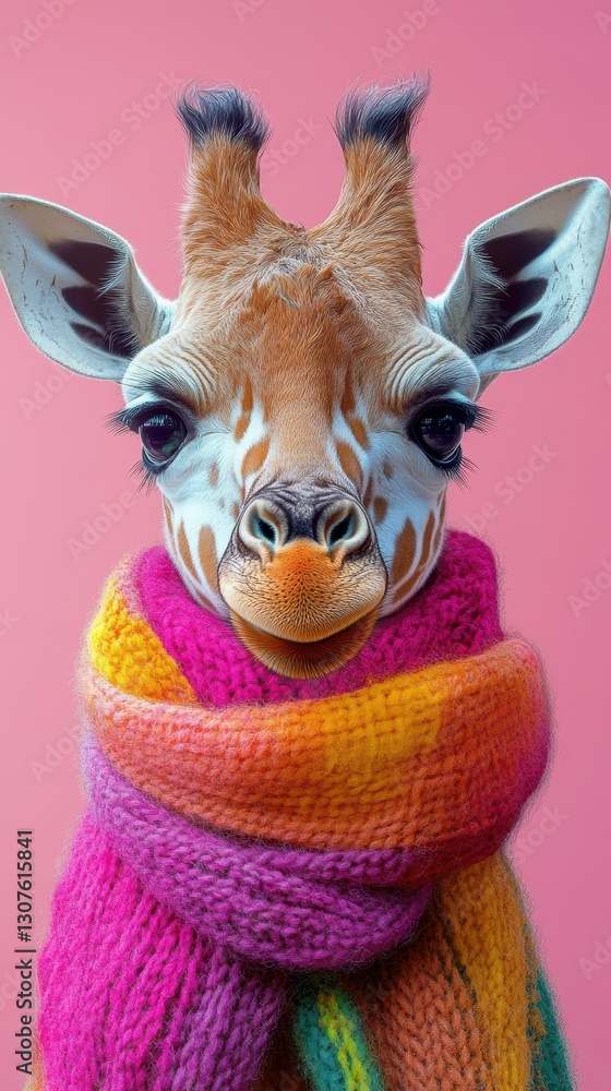 Giraffe wearing a colorful scarf poses against a vibrant pink background in a playful setting Giraffe wearing a colorful scarf poses against a vibrant pink background in a playful setting