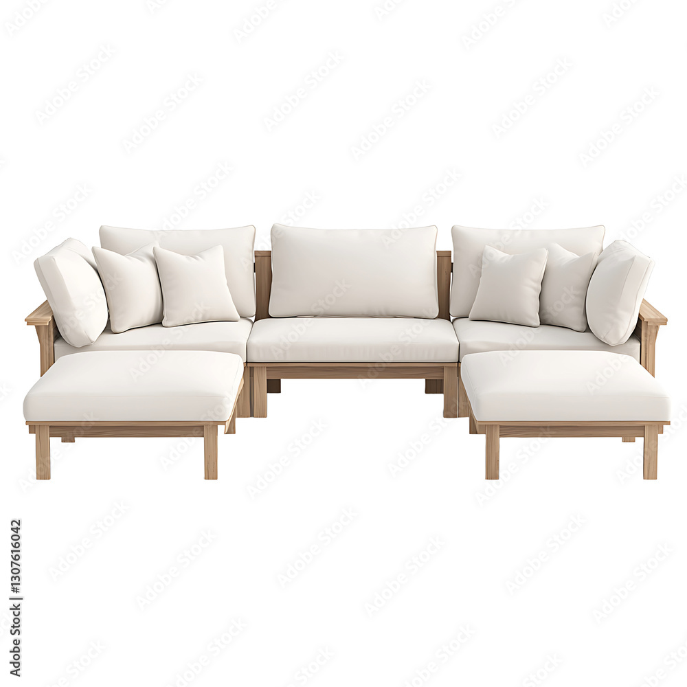 Fototapeta premium Modular outdoor sectional sofa with light wood frame and white cushions. Includes plush pillows and ottomans. Perfect for patio seating.