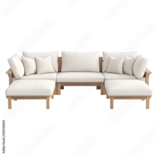 Modular outdoor sectional sofa with light wood frame and white cushions. Includes plush pillows and ottomans. Perfect for patio seating.