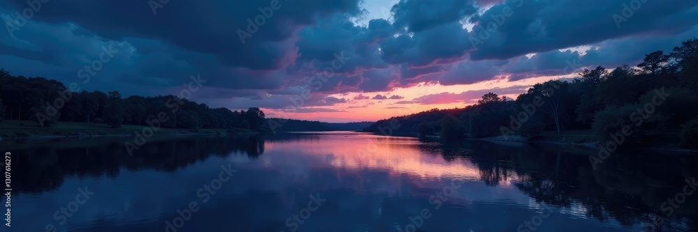Fototapeta premium Dark skies reflect in the mirror-like surface of a slow-moving river at night, reflection, water