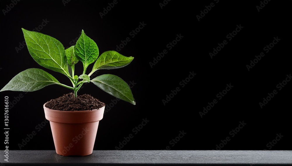 Obraz premium young plant in pot on black background