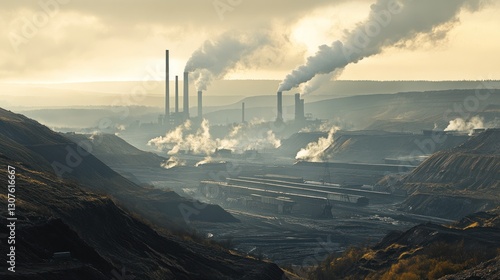 Industrial valley smog pollution; factory smokestacks; hazy landscape