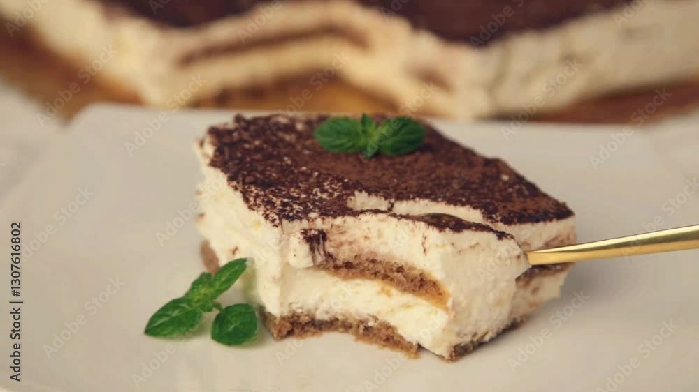 Tiramisu served with mint leaves served on a plate Tiramisu served with mint leaves served on a plate