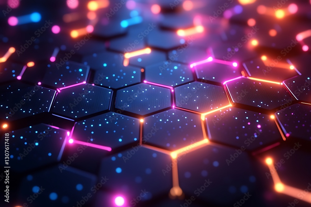 Abstract Hexagon Network Futuristic 3D Neon Glowing Lines and Dots Background Abstract Hexagon Network Futuristic 3D Neon Glowing Lines and Dots Background