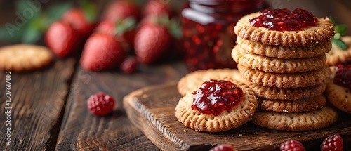 homemade cookies, jam, on a wooden table