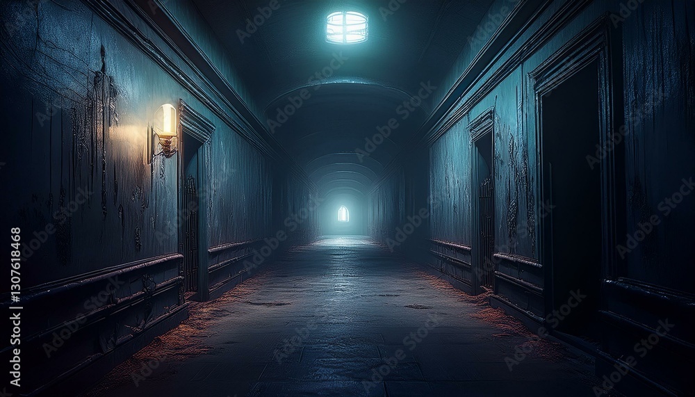 a long dark hallway in an abandoned building lit only by a single flickering light at the end a long dark hallway in an abandoned building lit only by a single flickering light at the end